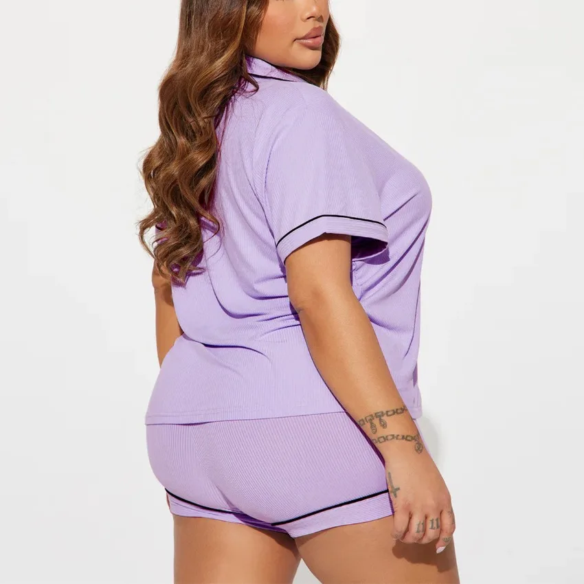 Pajamas For Women's Summer New Sleepwear Lapel Basic Pit Strips Short Sleeve Shorts 2PCS Loungewear Purple Color