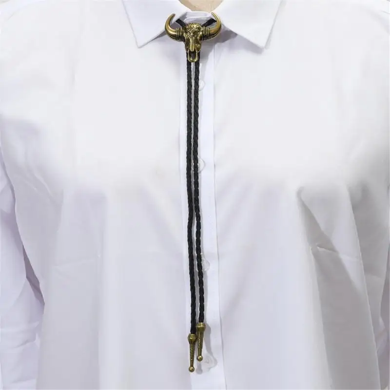 Cowboy Bolo Tie Necklace Practical PU Rope And Alloy Bullhead Decoration 