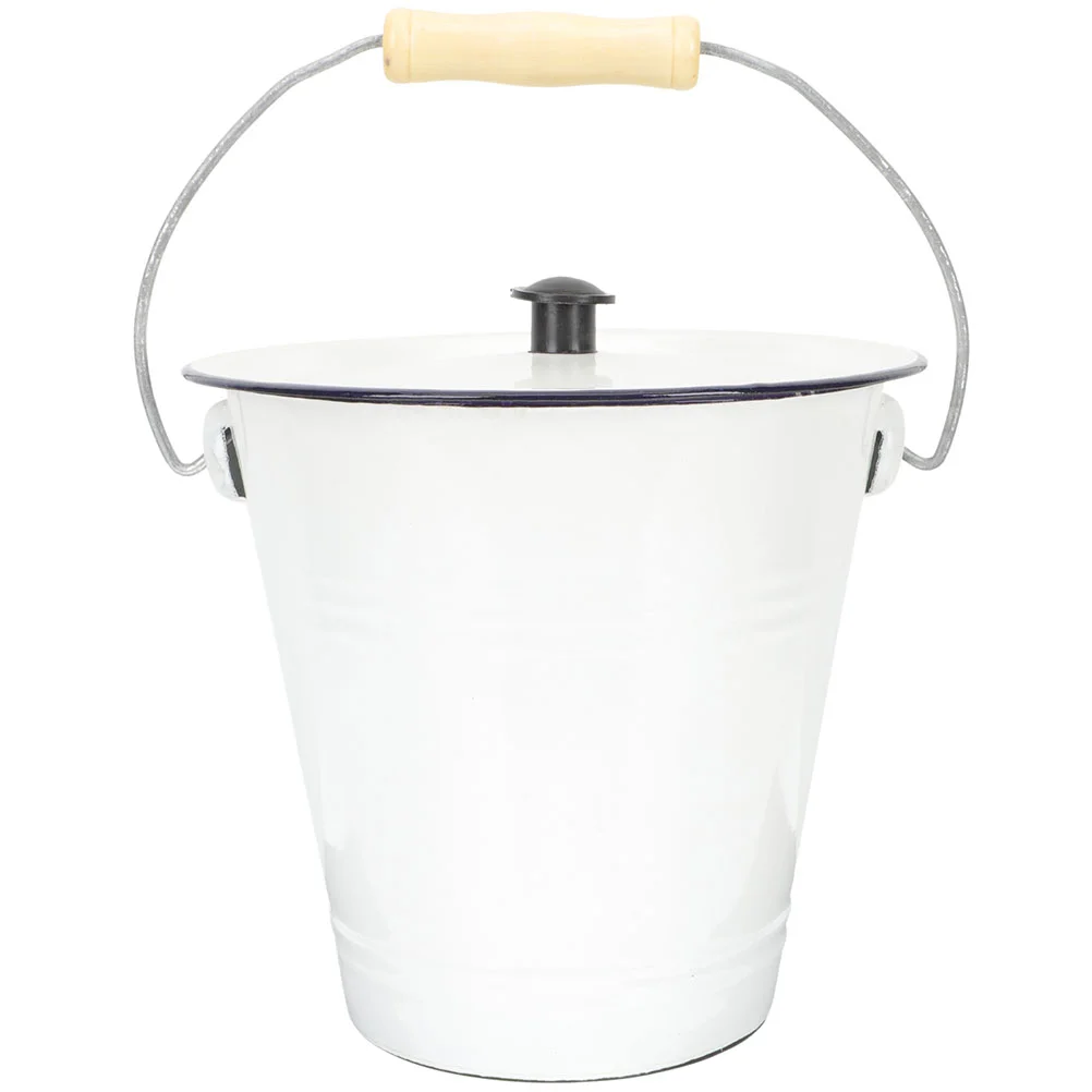 

Rice Container Enamel Bucket with Lid Garbage Cans Laundry Room Organization and Storage White