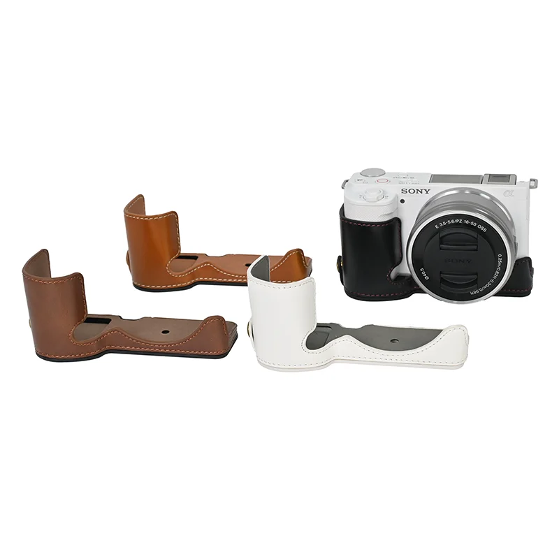 Oil Skin Camera Bag PU Leather Case Half Body Base Protector for Sony ZV-E10 ZVE10 Protective Opening Bottom Cover + Wrist Strap