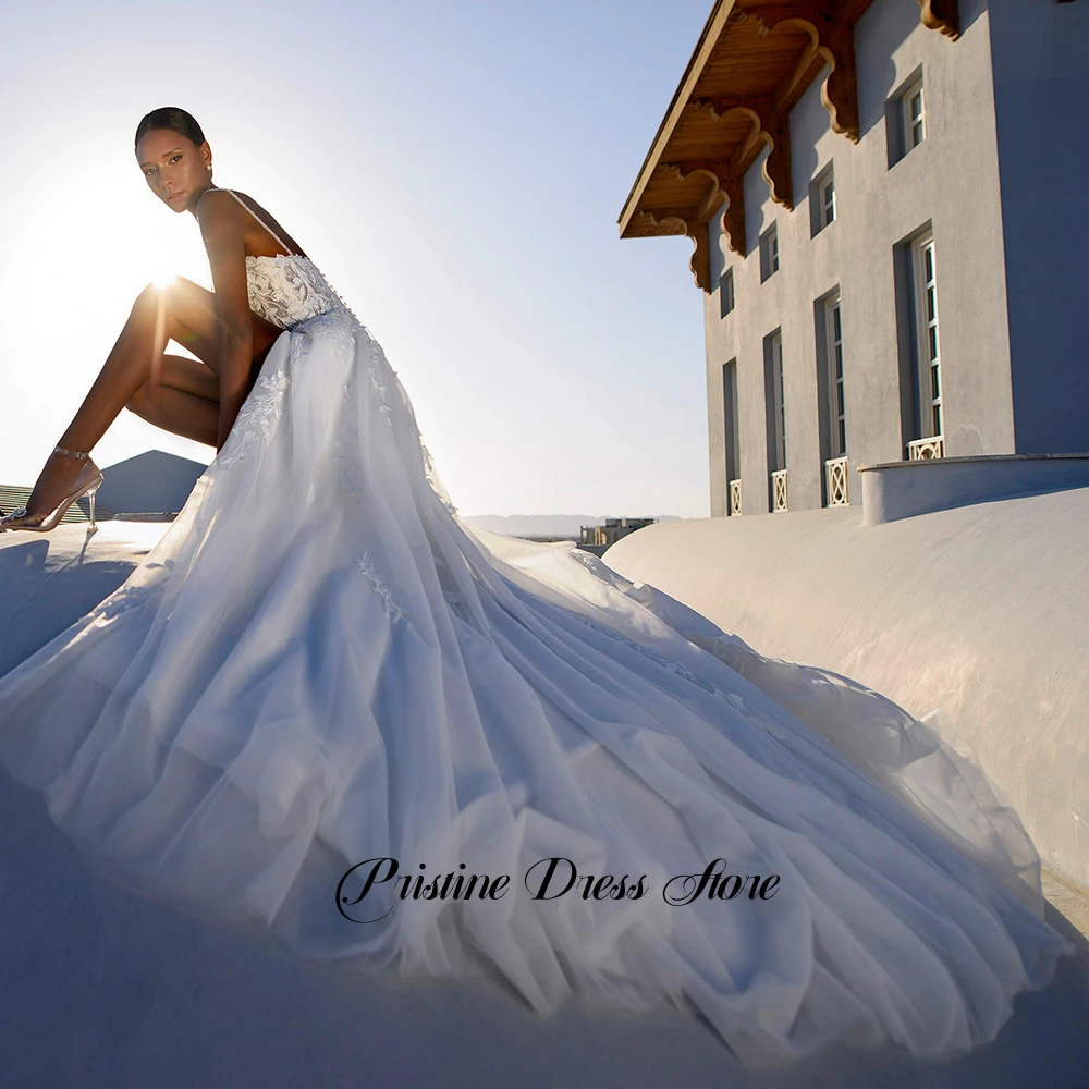 رشيقة الجانب الشق السباغيتي الأشرطة تول فستان الزفاف للنساء العرائس مخصص يزين بلا أكمام الحبيب زي العرائس #3