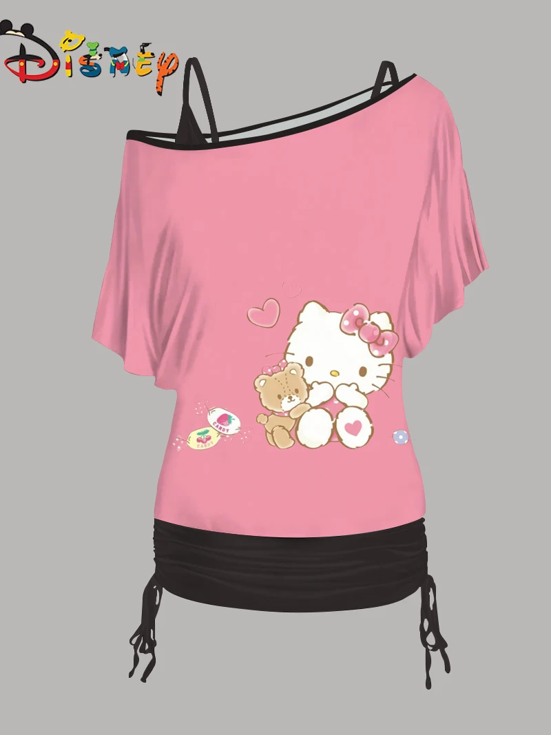 Disney-Hello Kitty elegante camiseta e mini saia para mulheres, tops elegantes, manga de um ombro, vestidos de verão, 2021