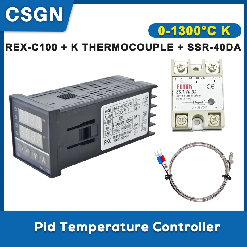 

REX-C100 Pid Temperature Controller 1300 Degree 220V SSR Relay Output+40DA SSR+K Thermocouple Pid REX-C100 1300C