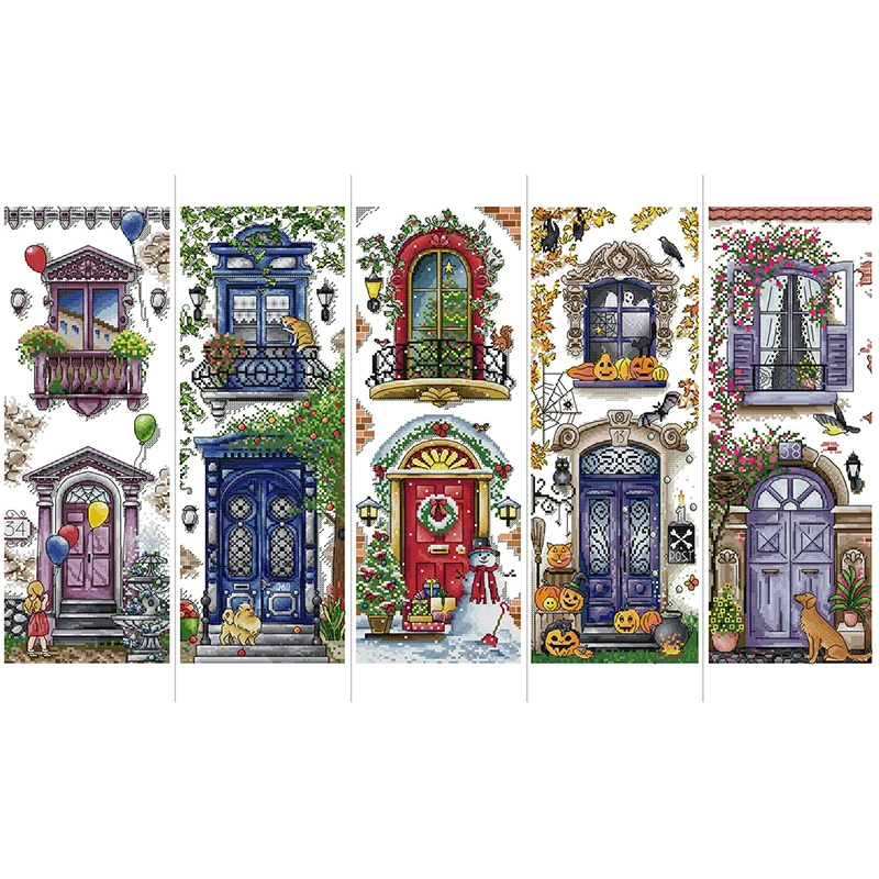 Balcony Series Cartoon Pattern Cross Stitch Kit Aida 14CT 16CT 11CT Printed Fabric Sewing Kit Embroidery Kid's Room Decor Crafts