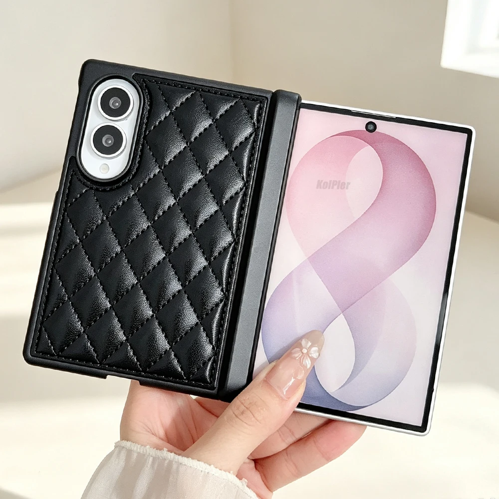 Luxury Diamond Quilted Leather Case For Samsung Fold 8 Foldable Phone Raised Lens Full Frame Hinge Protective Anti-drop Cover