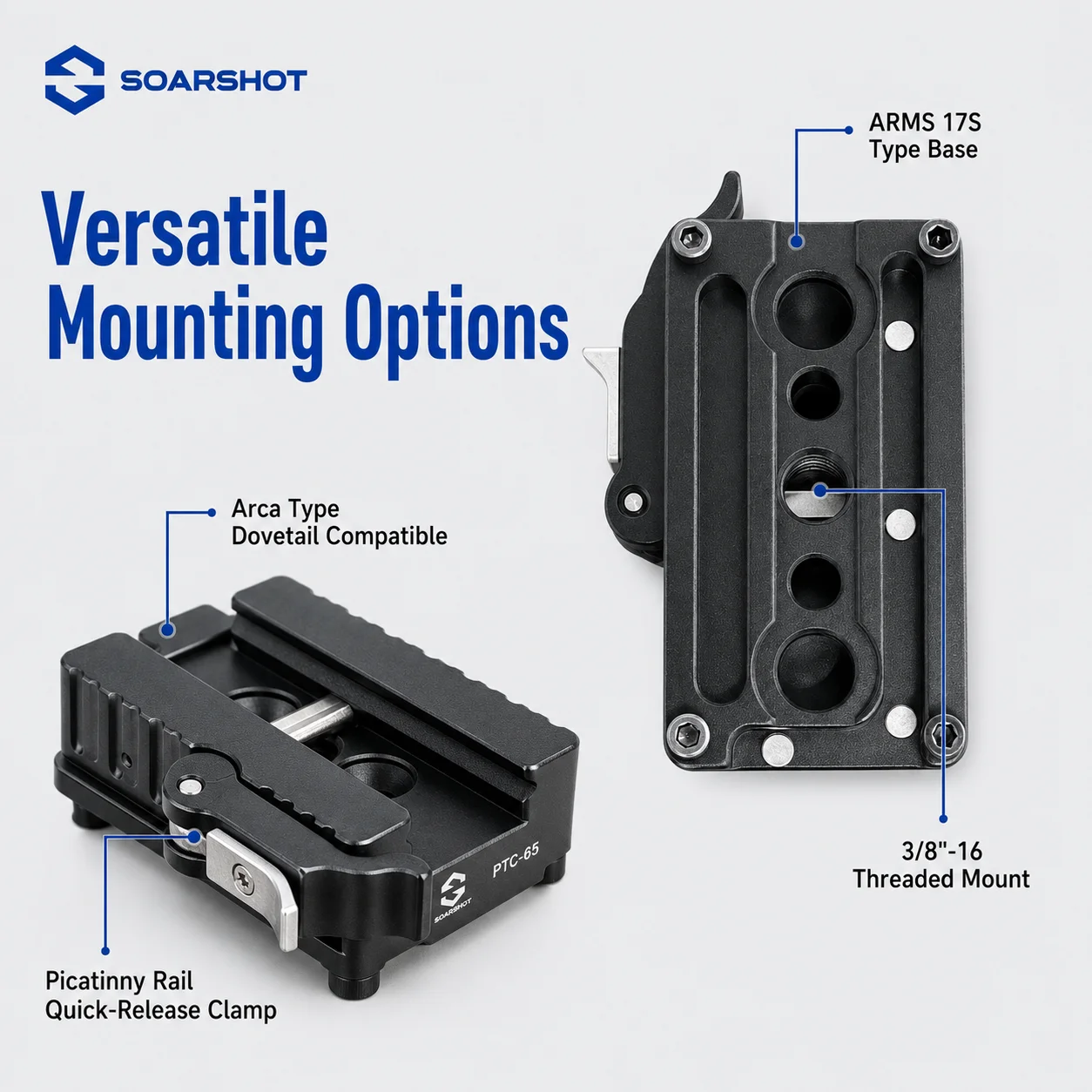 SOARSHOT PTC-65 Picatinny Arca Swiss Quick Release Plate Clamp Adapter ARMS 17S QD Sling Holes CNC Aluminum Tripod Mount - view 4