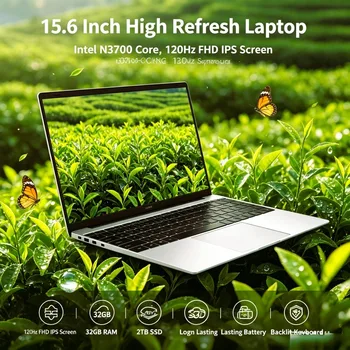 Laptop 15,6 cala z wysoką częstotliwością odświeżania ekranu, procesor Intel N3700, ekran IPS 120Hz, 32GB duża pamięć RAM, 2TB SSD, długotrwała bateria, podświetlana klawiatura.