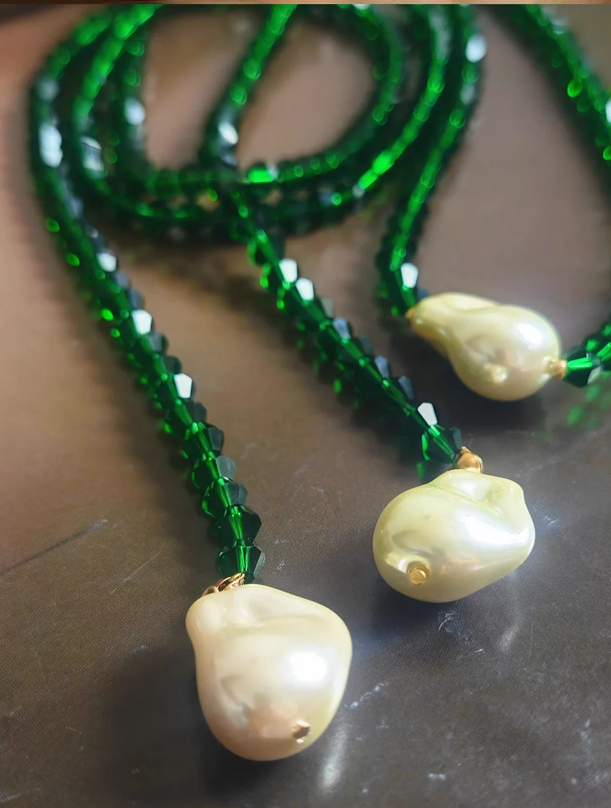 초장형 빈티지 그린 바보 유리 구슬 록 글라스 진주 목걸이