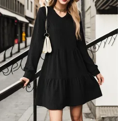 Women's autumn fashion V-neck solid color stitching long sleeve loose dress