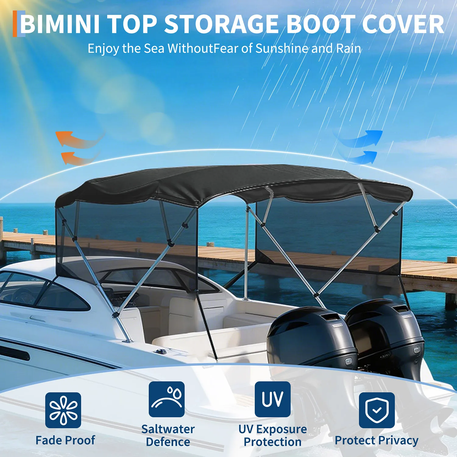 600D Marine Grade Global 4 Bow Bimini Top Replacement Canvas for Boats - Waterproof Sun Shade Canopy - Mesh Side Curtain - Storage Boot - No Frame