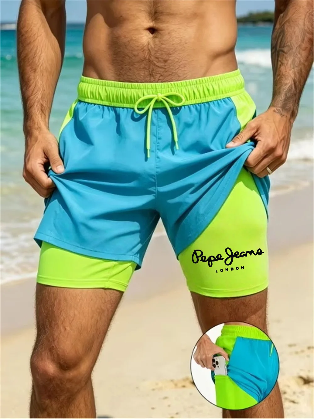 Men Double Layer Swim Trunks Quick Dry Compression Liner Board Shorts Summer Surfing Beach Shorts Drawstring Sport Bathing Suit