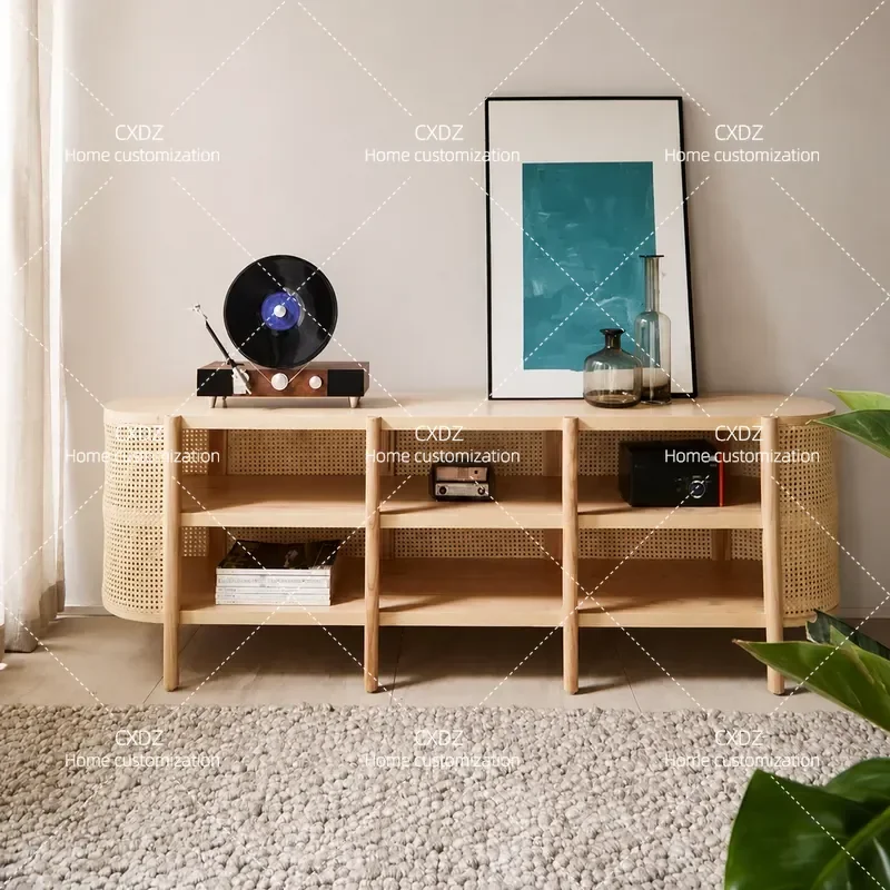 Rattan TV Cabinet Nordic Solid Wood Living Room Modern Simple Floor Storage Unit Small Apartment Vacation Home Furniture