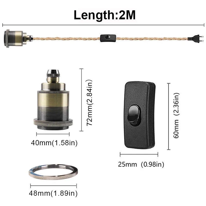 Juego de cables de interruptor de cuerda de cáñamo trenzada con enchufe europeo, Base de lámpara de Metal Industrial de 2M, enchufe E27, accesorio