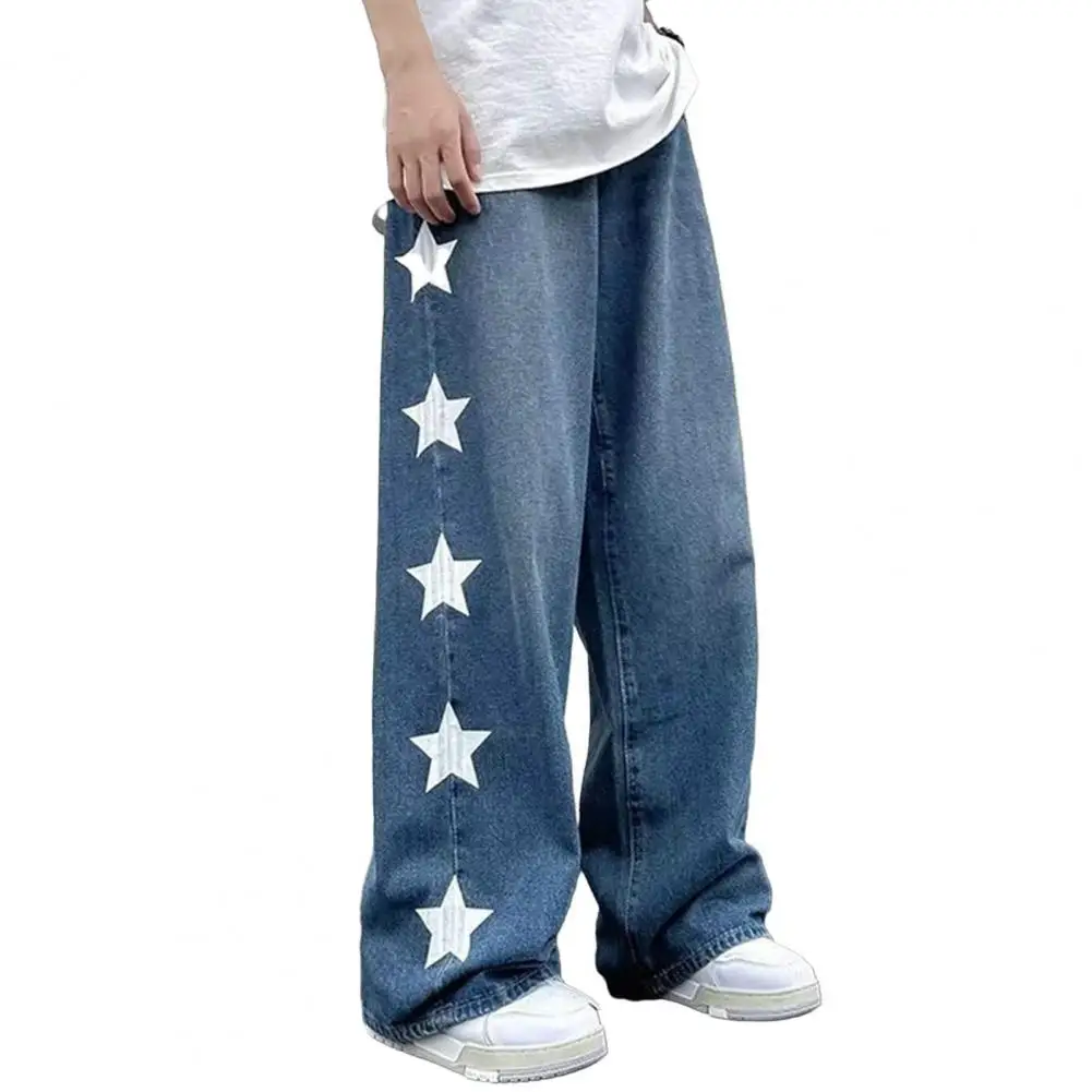 Denim Trousers Retro Streetwear Men's Wide Leg Jeans with Star Print Pockets Stylish Loose Fit Denim Pants for A Trendy Look Men