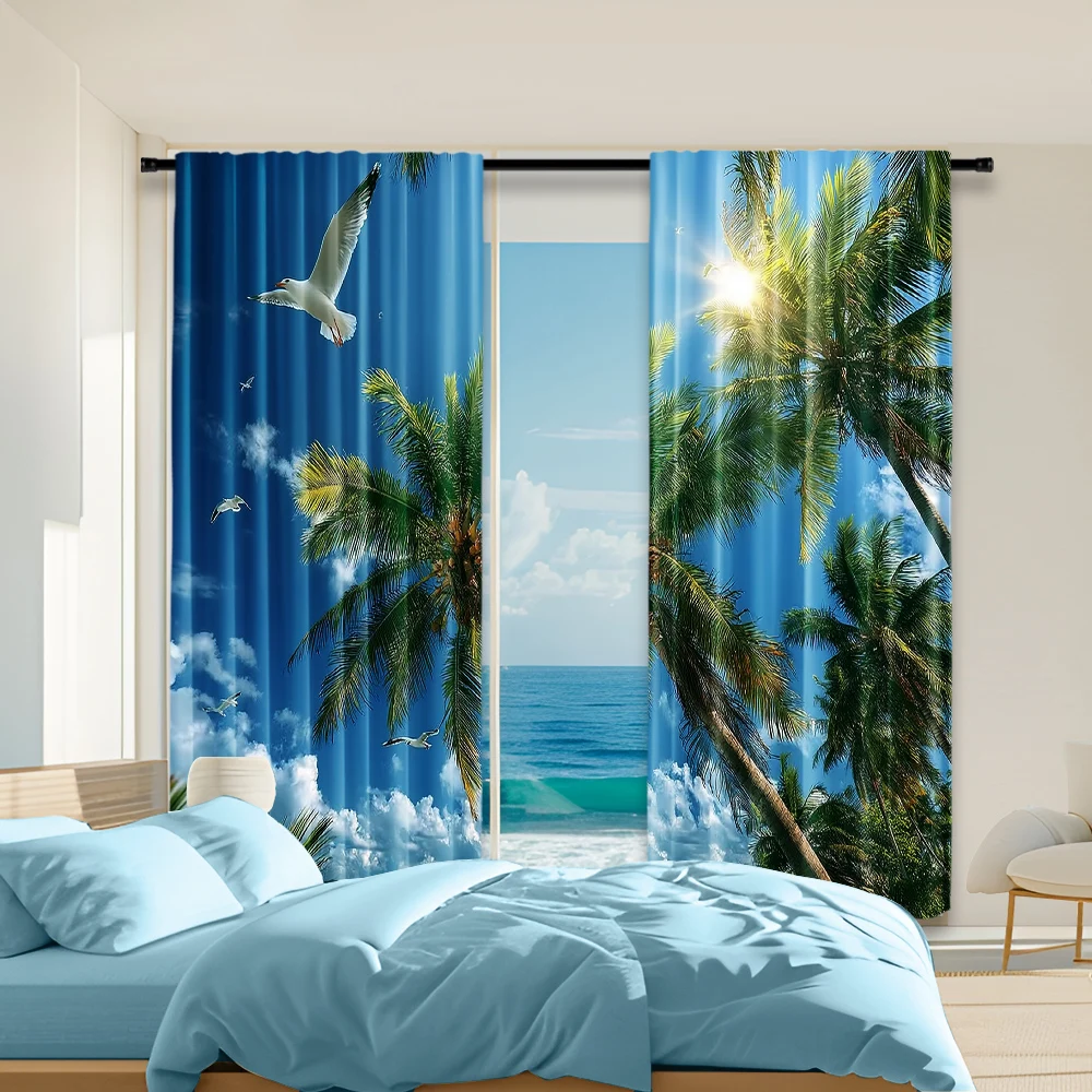 

2 шт., 2D плоские шторы с принтом, голубое небо и птицы, универсальная полиэфирная ткань без электричества, украшения для вечеринок для дома