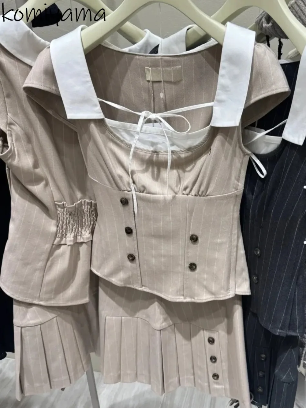 

Hit Color Stripe Sets Turn Down Collar Lace Up Bow Botton Shirts High Waist Pleated Skirt Japan Preppy Style Student Suit