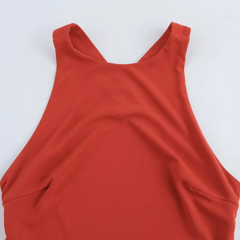 TRAF-Vestidos largos de punto rojos para mujer, vestido Midi con cuello Halter, moda informal, elegante, para fiesta de noche, sin espalda, 2025