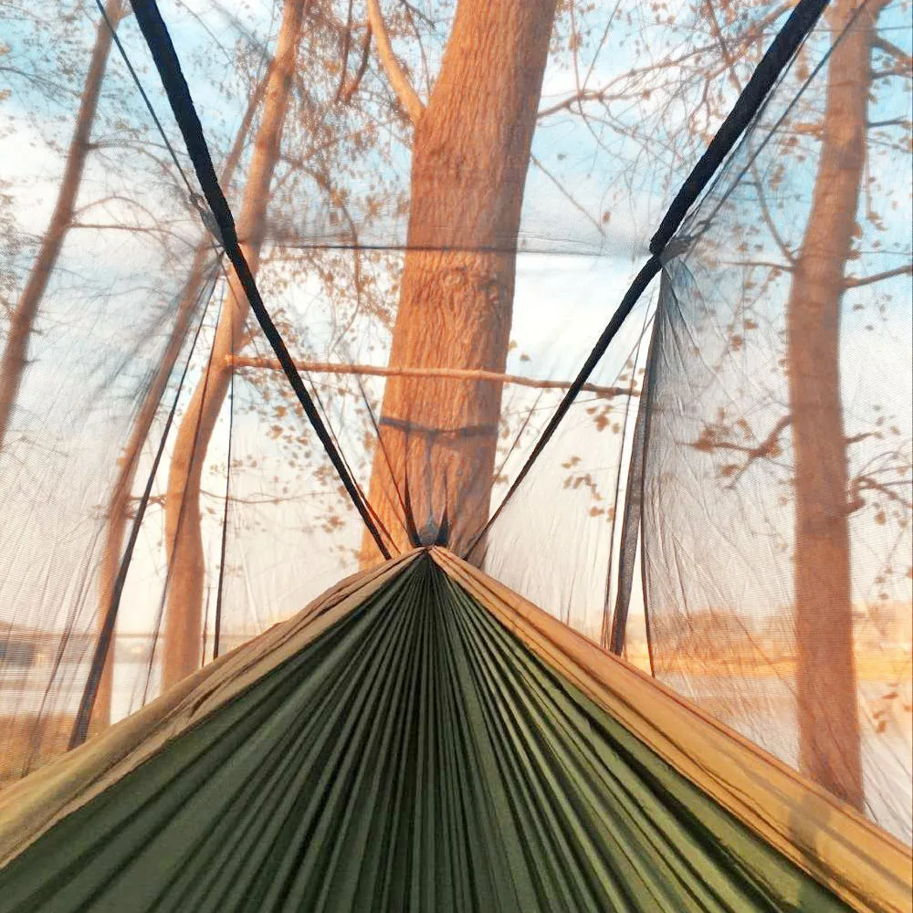 Hamaca doble para acampar con mosquitera, portátil, ligera, de nailon, la mejor hamaca de paracaídas con correas de árbol para acampar