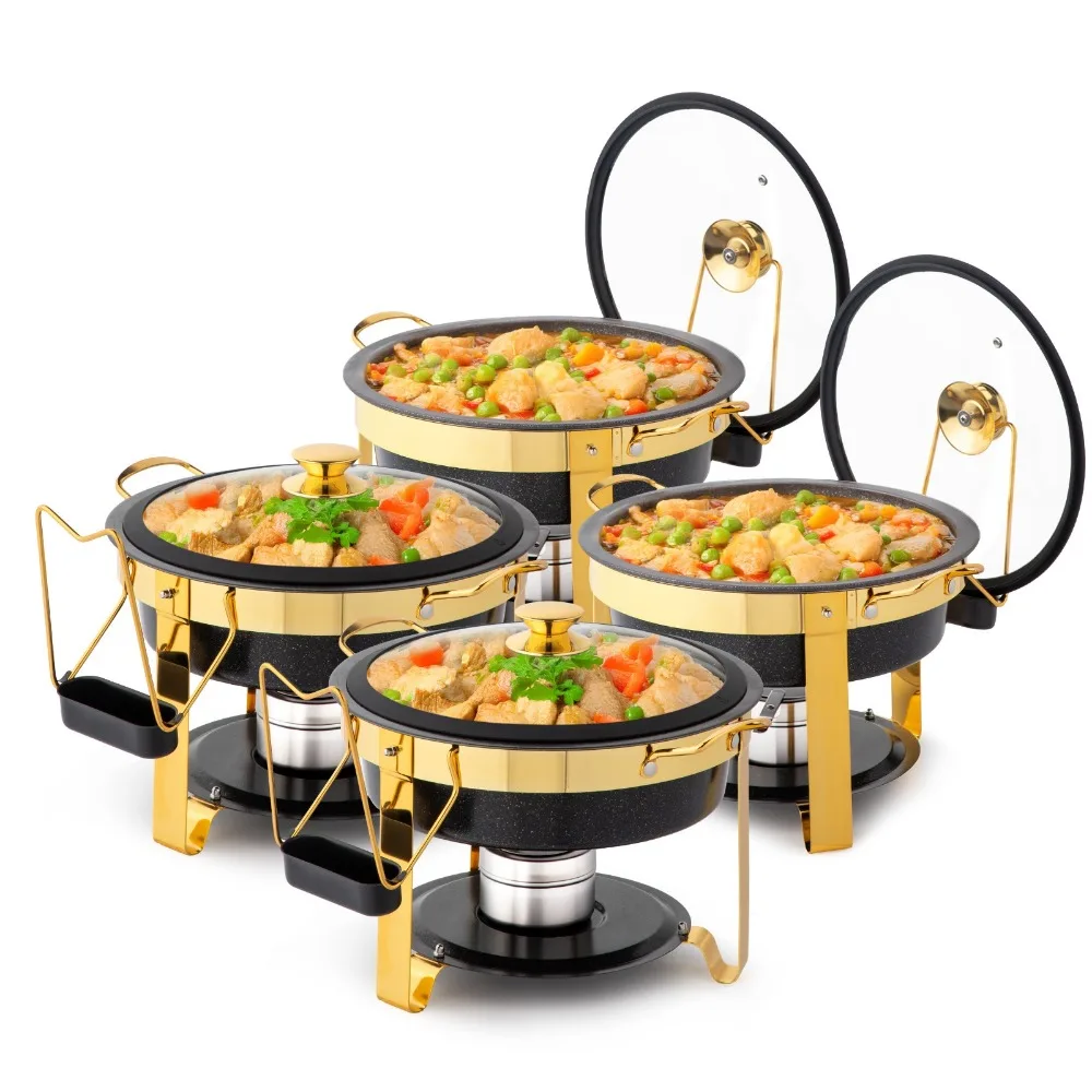 

4-Pack 5QT Elegant Maifanite-Coated Chafing Dishes with Glass Lid & Lid Holder