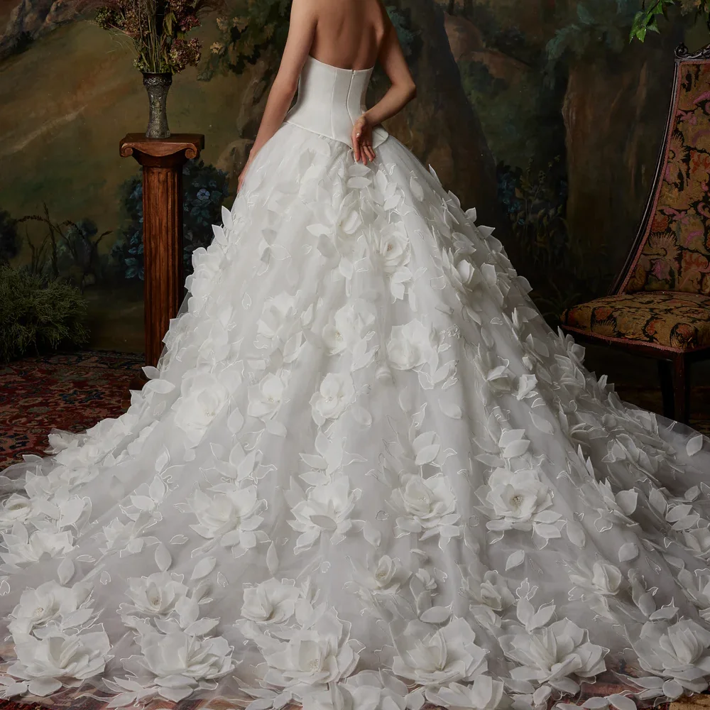 럭셔리 Strapless 새틴 민소매 A 라인 신부 웨딩 드레스 신부 가운 맞춤형