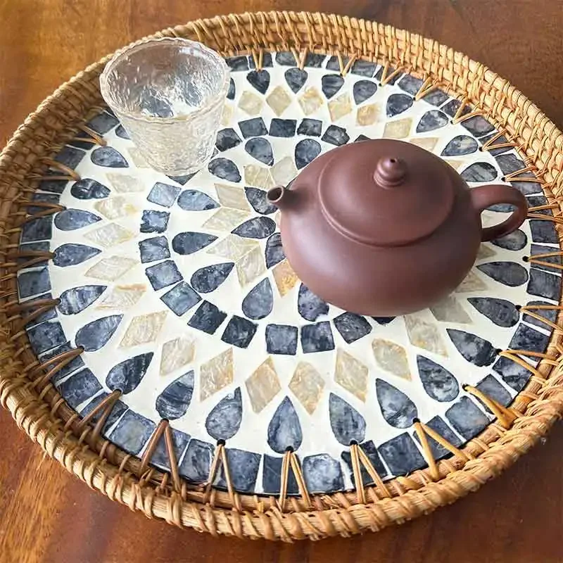

Hand Woven Mosaic Tray Decorative Round Rattan Serving With Mother Of Pearl Inlay For Snacks Dried Fruit Plate Home Ornamen 91