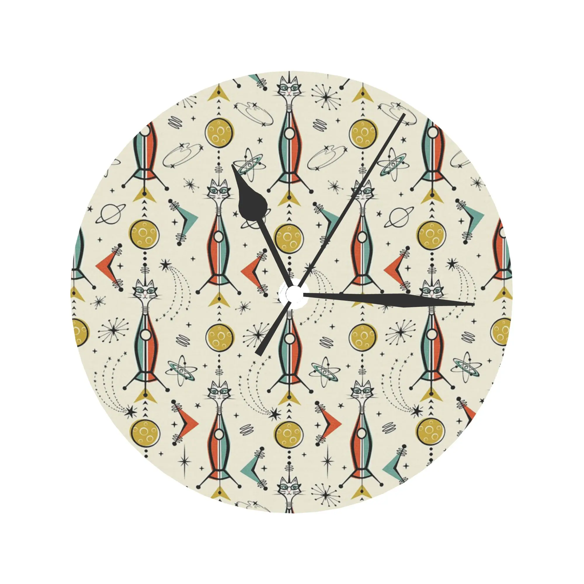 Atomic Kitty Rockets studioxtine Wall Clock Room Decoration Silent Round Clock for Bedroom Living Kitchen Home