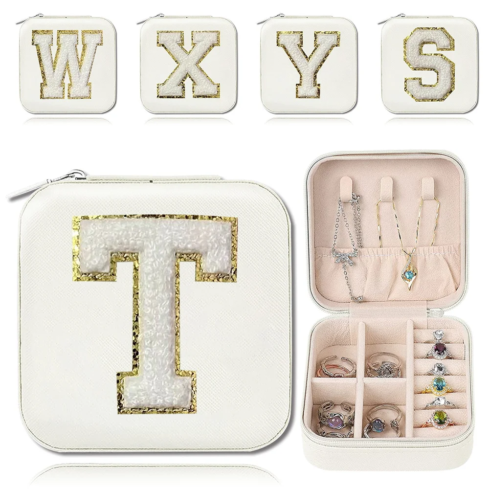 Portable Jewelry Box Organizer Display for Women's Earrings Necklace Ring Pu Leather Storage Case Gold Letter Travel JewelBox