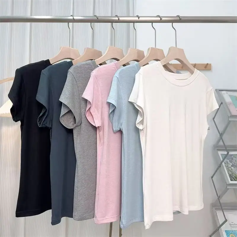 Blue Slim Fit Short Sleeve T-Shirt Women's Style Commute Korean Version Correct Shoulder Flying Sleeve Summer Slimming Base L...