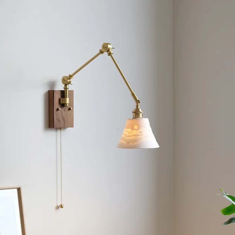 V5.11 bedroom bedside wall lamp light French retro wabi sabi wind full copper rocker arm retractable living room background wall