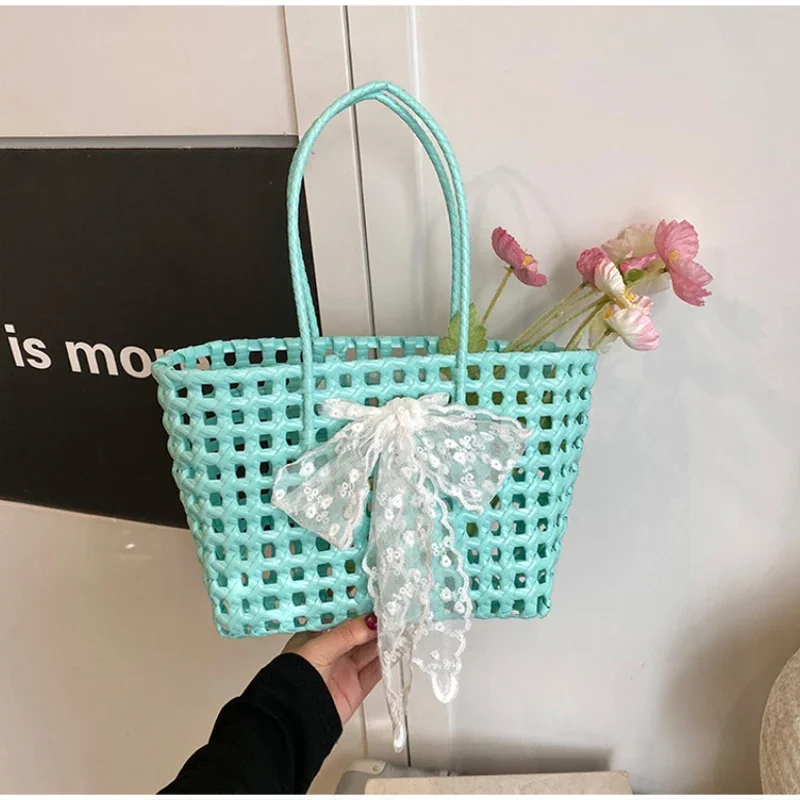 Koreanische Hohlgeflochtene Schleifen-Handtasche, Süße Einfarbige Gemüsekorb-Tasche, Lässige Vielseitige Schultertasche mit Großer Kapazität, Neu – Detail 10