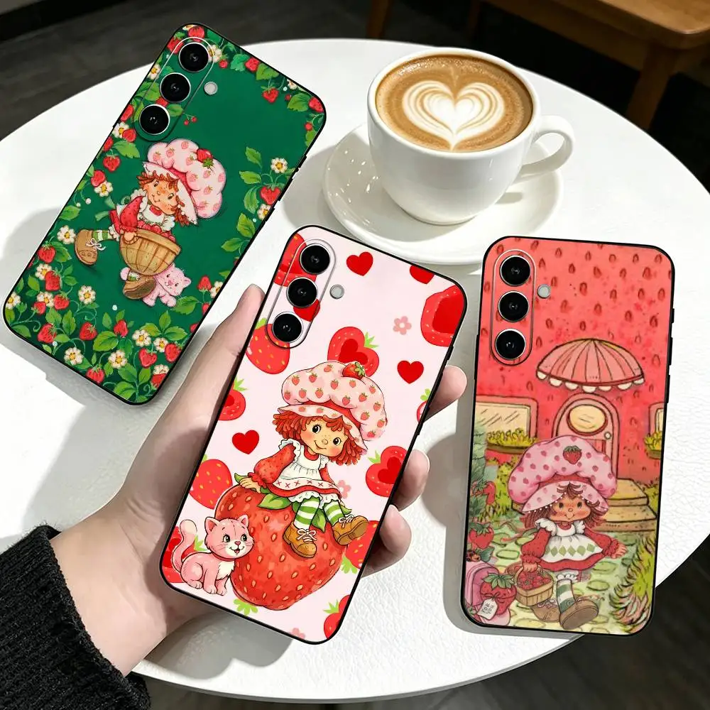 Pink S-Strawberry Cute Girl Phone Case Black Silicone Soft For Samsung Galaxy A73,A72,A71,A70,A53,A52,A51