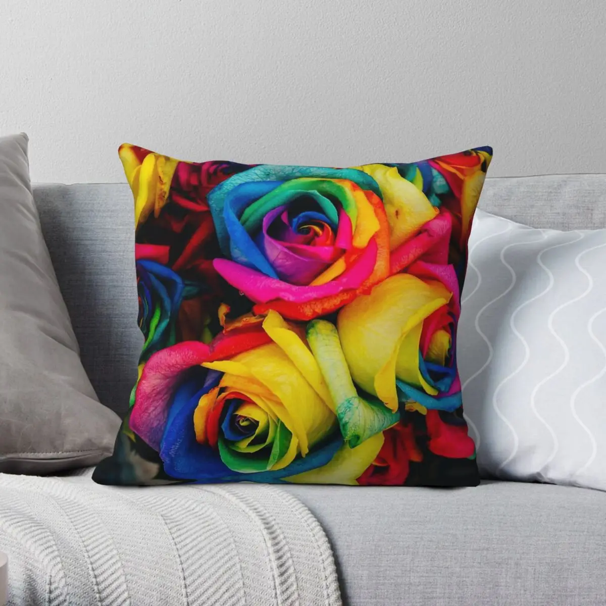 Rainbow Roses Bright Stunning Square Pillowcase Polyester Linen Velvet Printed Zip Decorative Sofa Cushion Cover Wholesale 18