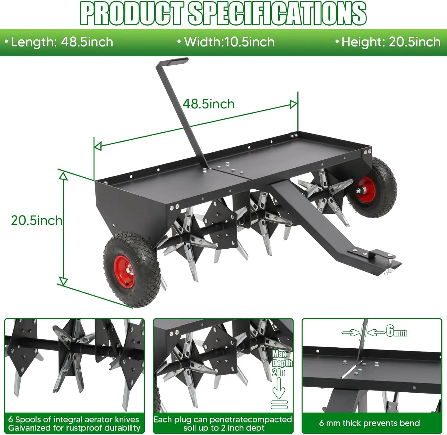 48-Inch Tow Behind Plug Aerator with Transport Wheels, Lawn Aerator Tow Behind with 30 Galvanised Steel Tines, Pull Behin