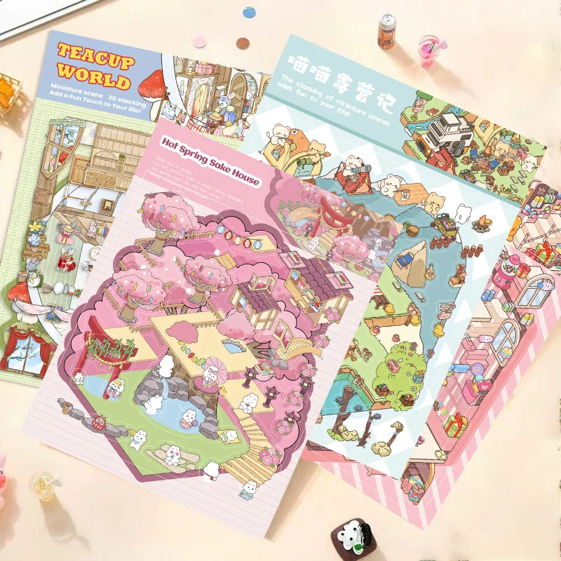 Cartoon Pink Cherry Blossom House Landscaping Miniature Landscape Sticker DIY3D Decompression Sticker PET