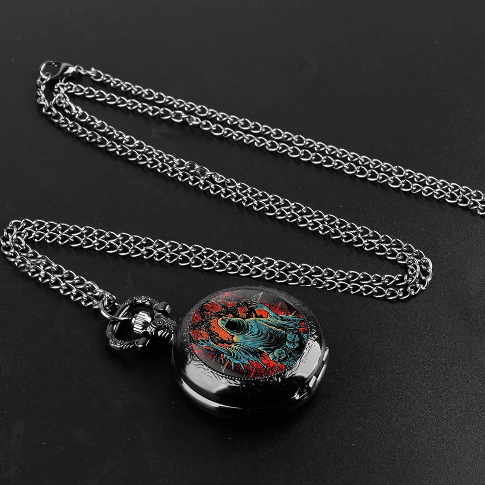 Orologio da tasca al quarzo nero con cupola in vetro stile scuro con quadrante con numeri arabi e catena resistente, regalo retrò per uomo e donna