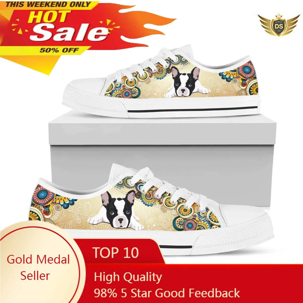 Boho Mandala French Bulldog Women's Classic Canvas Shoes Trendy Fashion Low-top Lace-up Boarding Shoe Cute Kawaii Sneakers