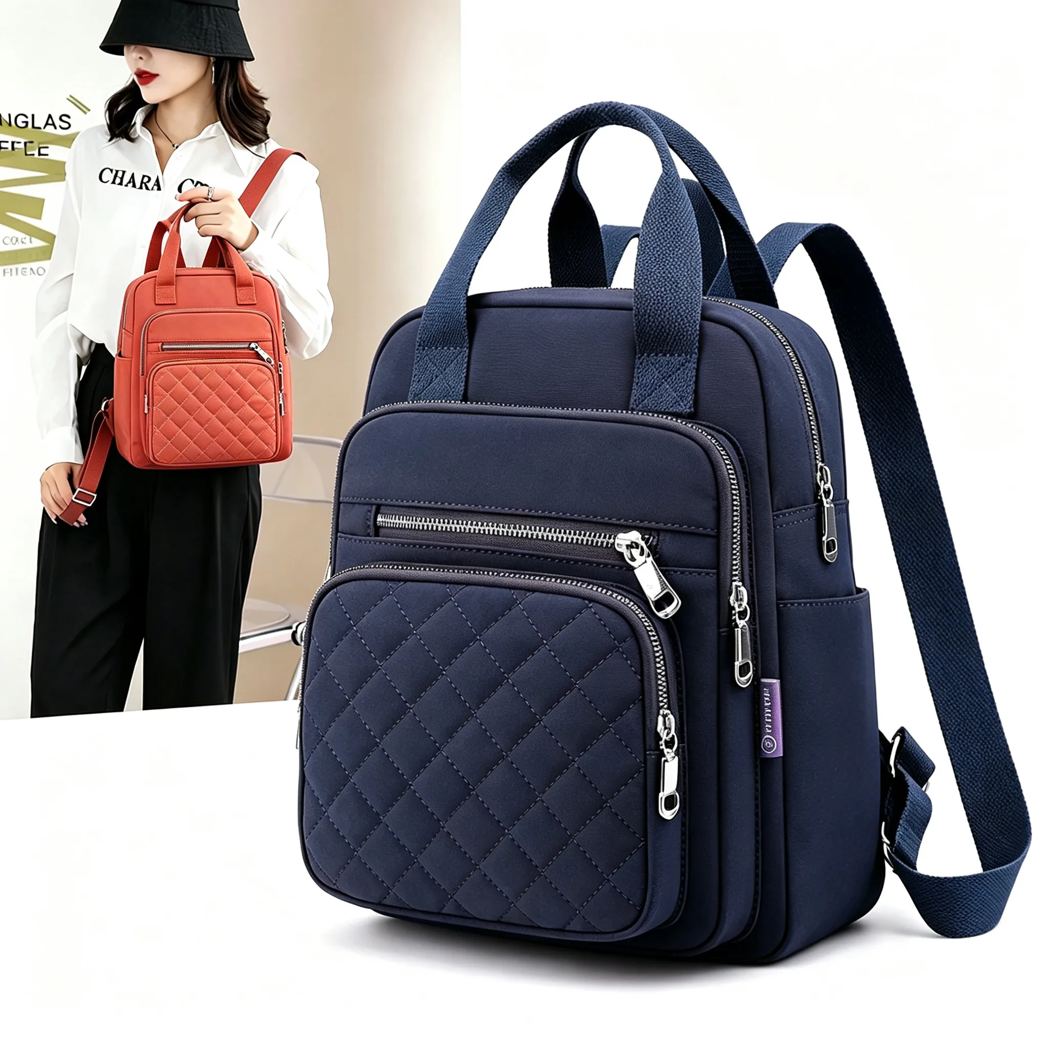 JUFU Women Nylon Backpack Quilted Multi Pocket Casual Daypack 3 Ways Carry Handbag Shoulder Bag Travel School Backpack