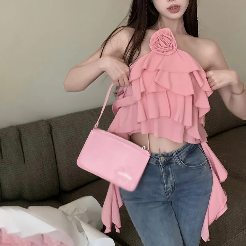 Women's Summer Fashion Sexy Hanging Neck Printed Ruffle Edge Short Top Ruffles Solid Color Thin 3D Flower Elegant Sweet Tank Top