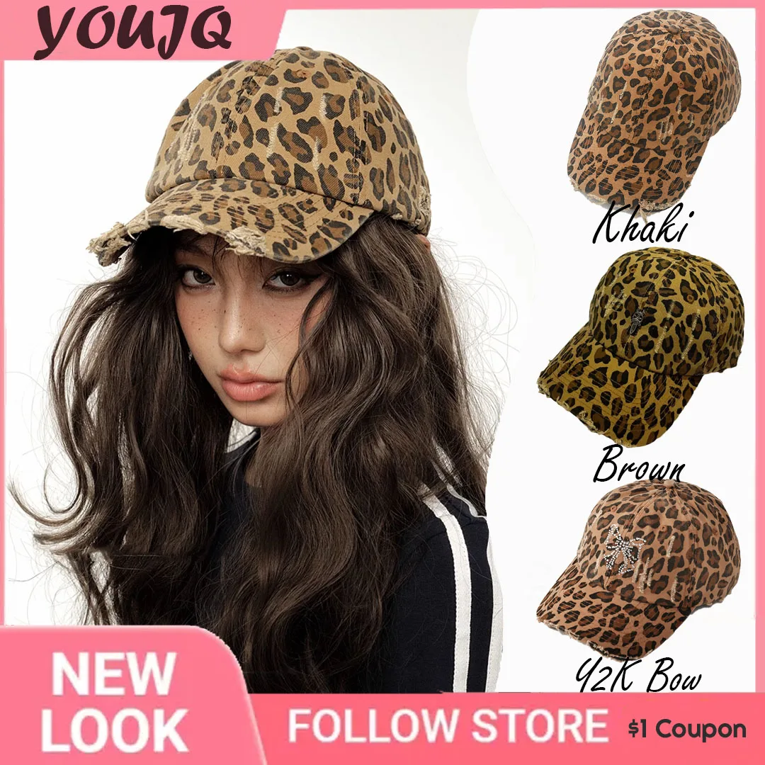 

Y2K Korea Leopard Print Bow Rhinestone Baseball Hats for Female Spring Summer Retro All-Match Street Brim Snapback Cap Casquette