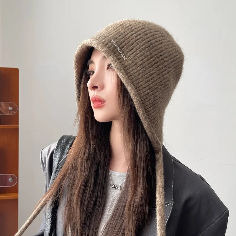 Winter High-End-Kordelzug Beanie Mode vielseitige Wolle Strickmütze Kälteschutz warme Ohrenschützer Pullover kalte Mütze für Frauen