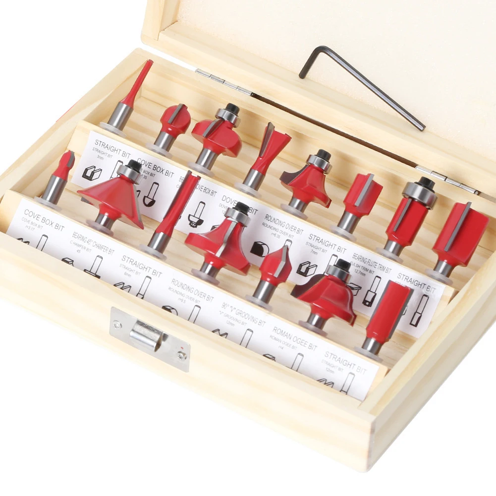 15 pezzi 1/4 "1/2" 8mm set di punte per router diritte in carburo di tungsteno con gambo, frese a filo per la lavorazione del legno, carpenteria fai da te