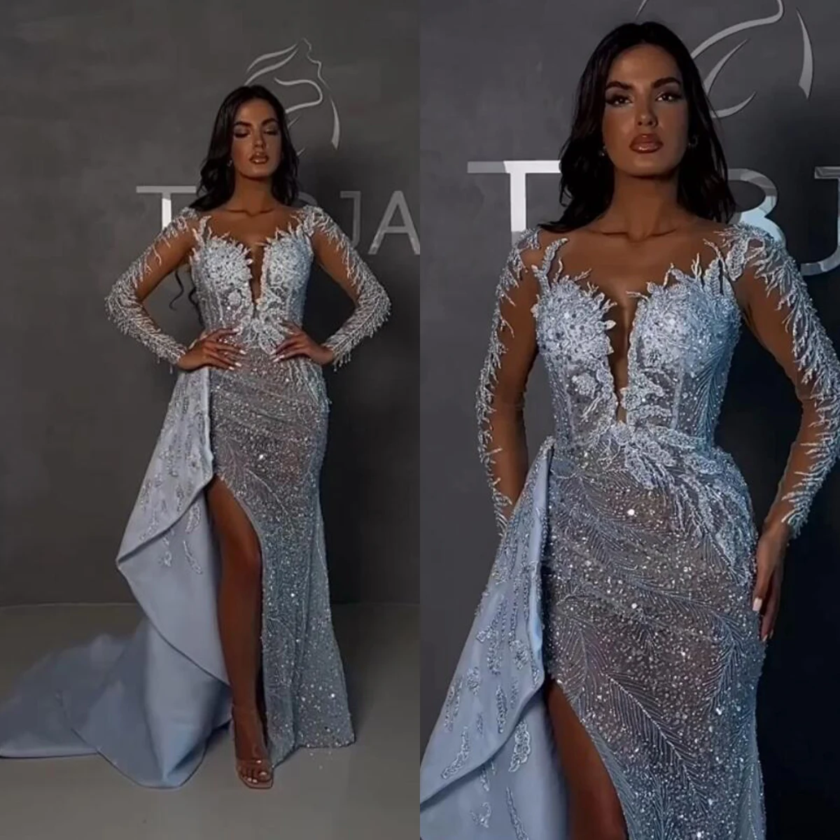 

Luxury A Line Dress V Neck Portrait Long Sleeve Sequined Applique Gown Side Split Detachable Hem Robes De Soiree Sweep Train