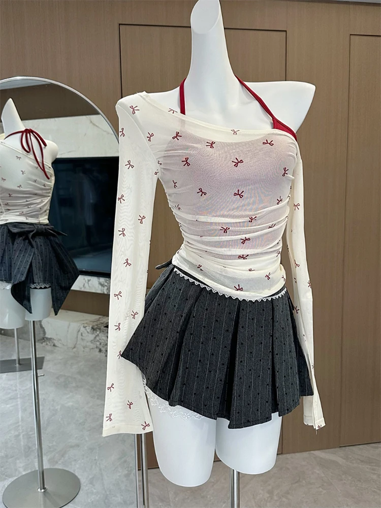 Autumn Women Korean Ballet Core 2000s Aesthetic Suit Gyaru Outfits 2 Piece Set Hot Coquette Long Sleeve T-Shirts + Mini Skirts