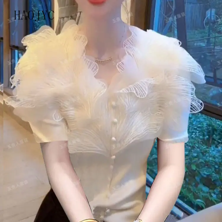French gentle lace white V-neck slim-fitting short-sleeved thin T-shirt new versatile commuter explosion foreign thin top