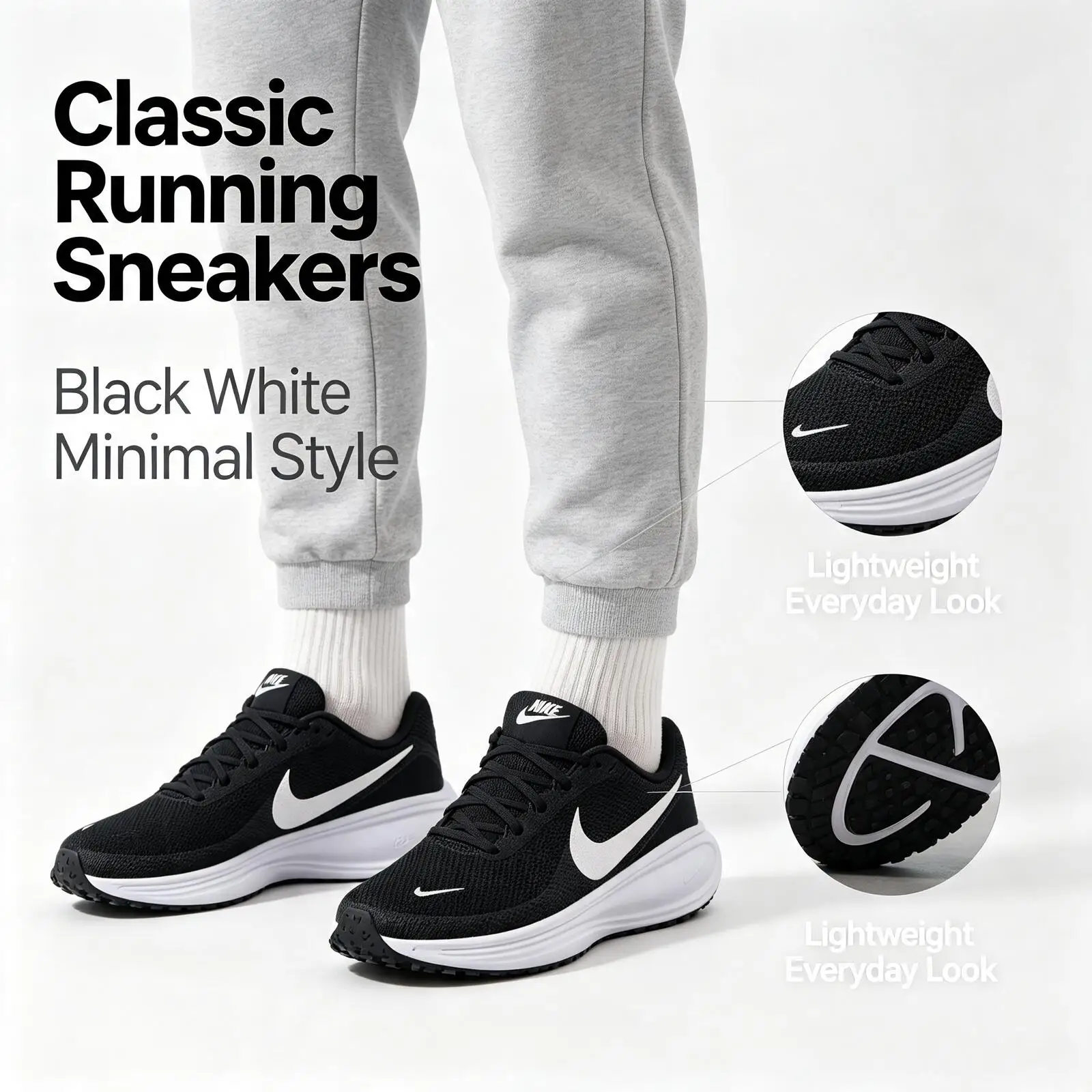 Nike Genuine Black White Running Sneakers for Men Cushioned Thick Sole Lightweight Street Sport Shoes HJ9198-003
