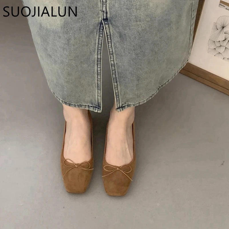 SUOJIALUN New Brand Women Flat Shoes Fashion Round Toe Shallow Slip On Ladies Ballerinas Shoes Casual Square Low Heel Ballet Sho