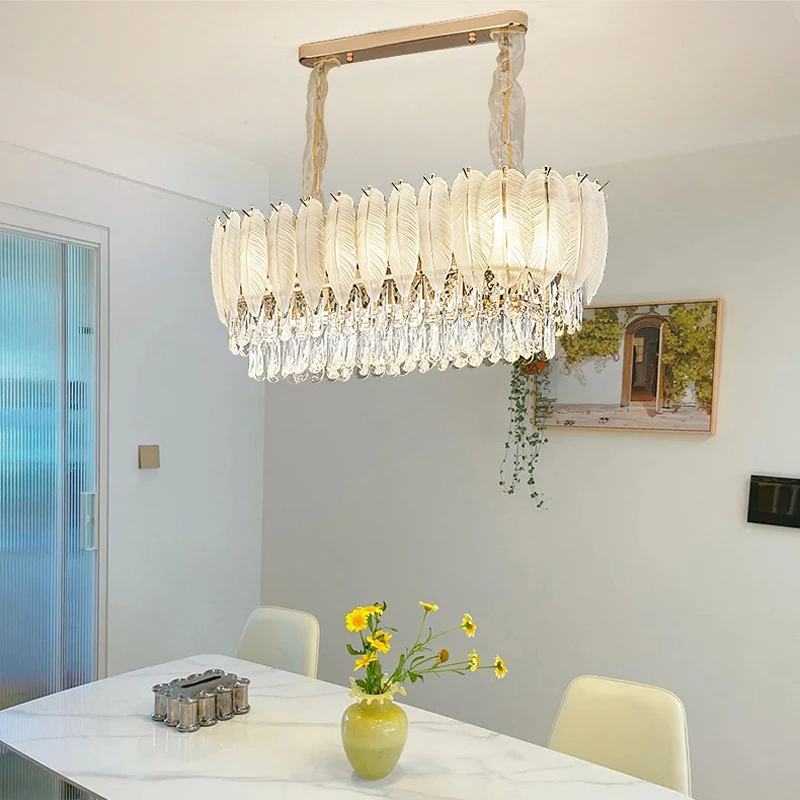 Luxury round Crystal Ceiling Light LED E14 Feather ceiling Chandelier for Living Room Kitchen Restaurant Bar home Lighting