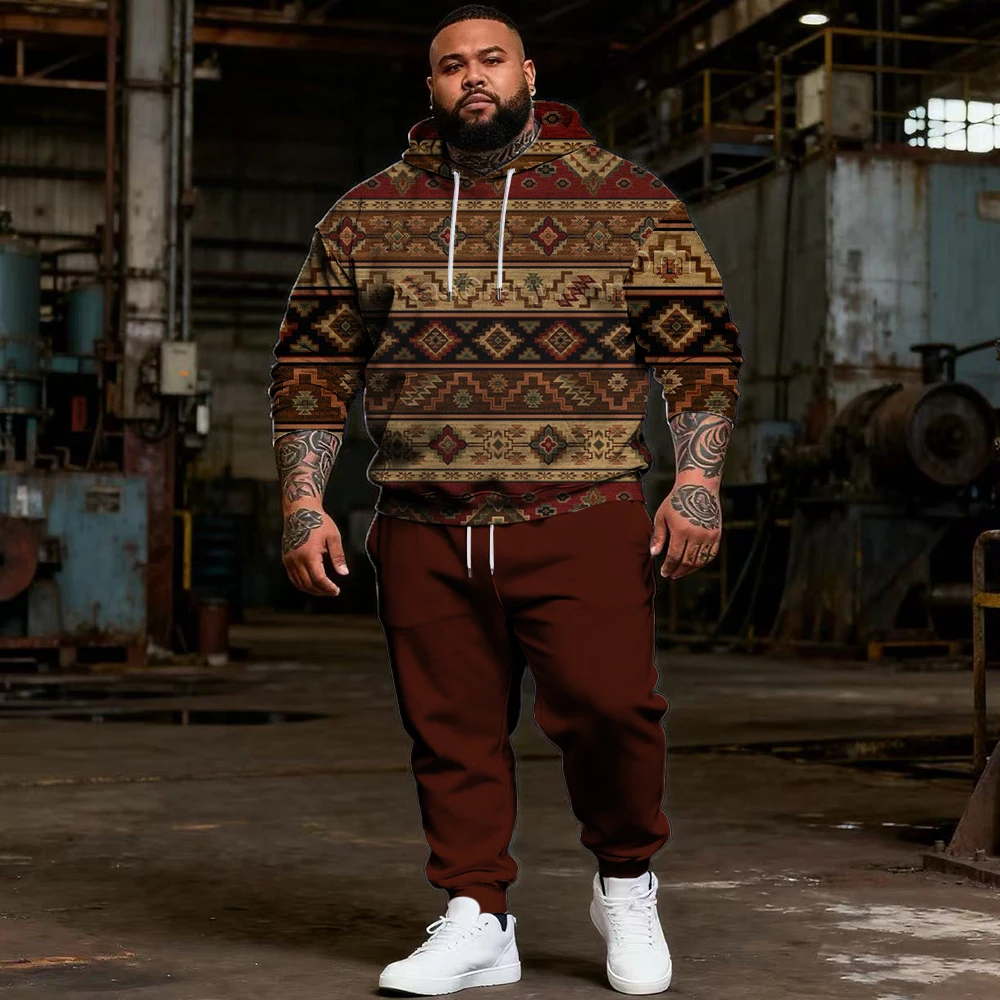 

S-9xl plus size Big & Tall Men's Hoodie Set: Ethnic, Plaid Elements - 2-Piece Wear, Breathable Material, Stylish Designs