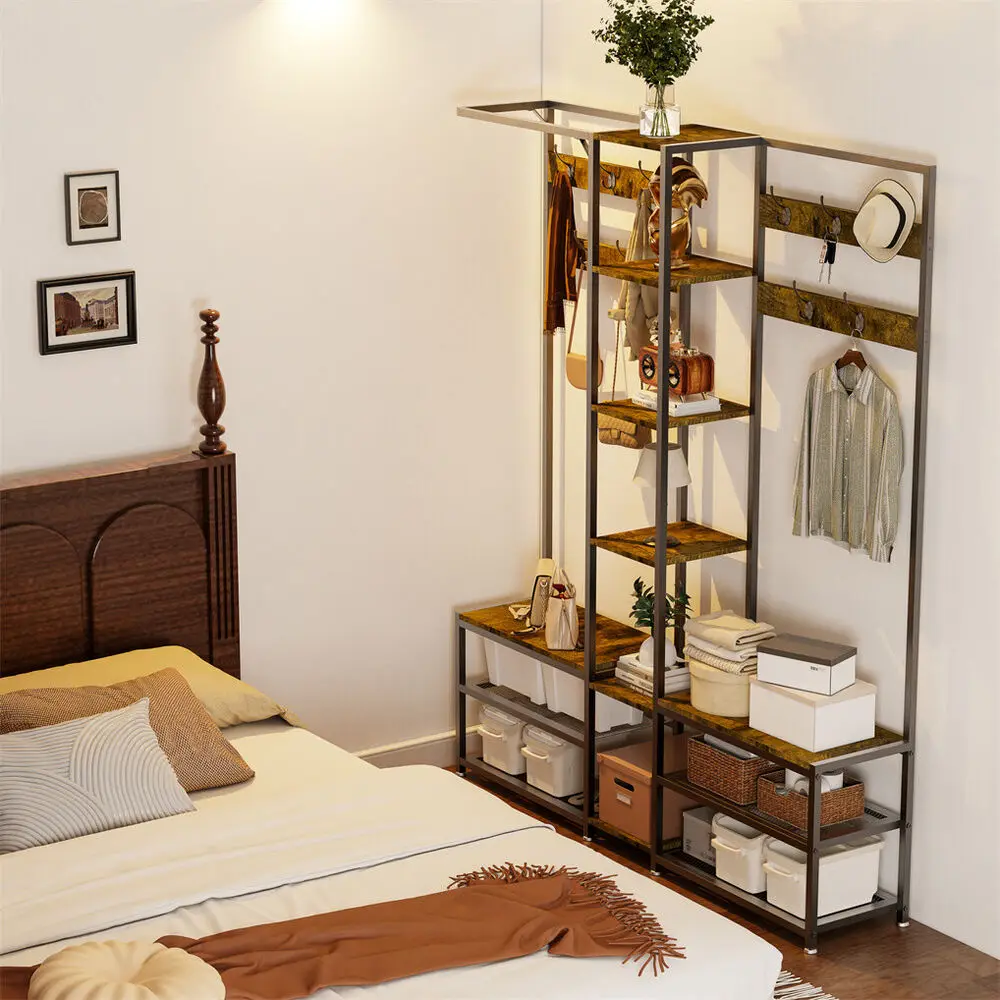 Large Entryway Bench with Coat Rack Hall Tree Shoe Storage Shelves with 10 Hooks