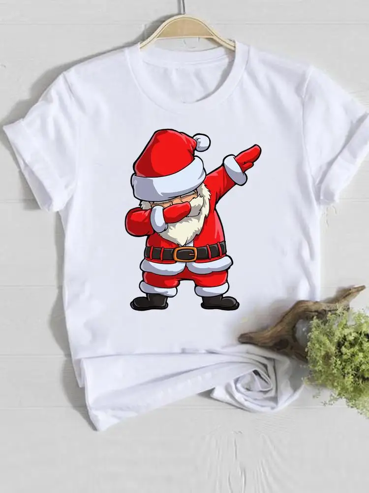 Cartoon Style Trend Christmas Happy New Year Female Women Clothes Prints O-neck Lady Casual Fashion Shirt Tee Graphic T-shirt